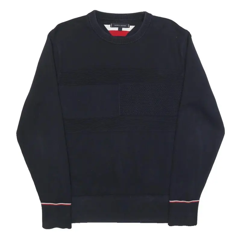 Tommy Hilfiger Mens Navy Plain Cotton Crew Neck Jumper L Smart Casual Knitwear 1