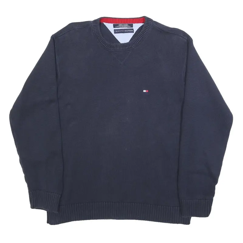 Tommy Hilfiger Mens Navy Plain Cotton Jumper Crew Neck Basic Knit L Casual 1