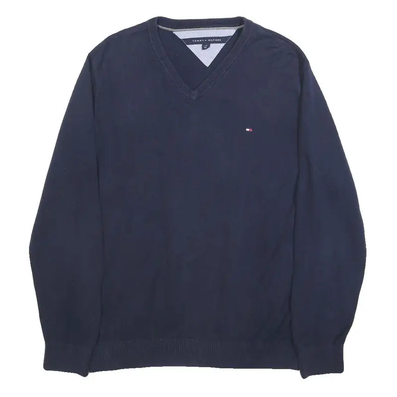 Tommy Hilfiger Mens Navy Plain Cotton V-Neck Basic Knit Jumper L Classic Casual 1