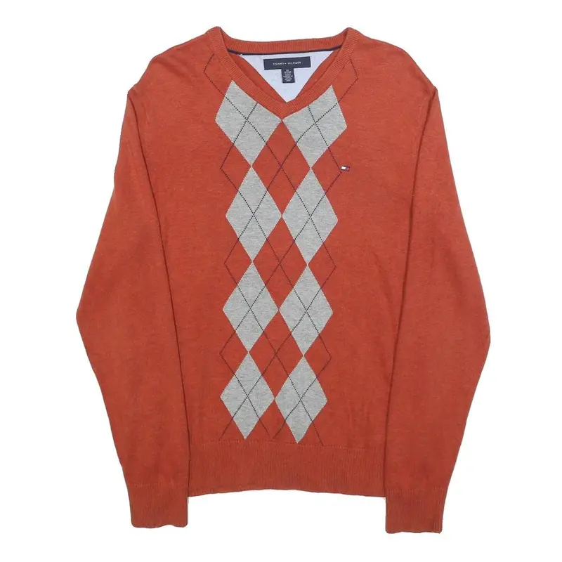 Tommy Hilfiger Mens Orange & Grey Argyle V-Neck Patterned Cable Knit Xs Cotton 1
