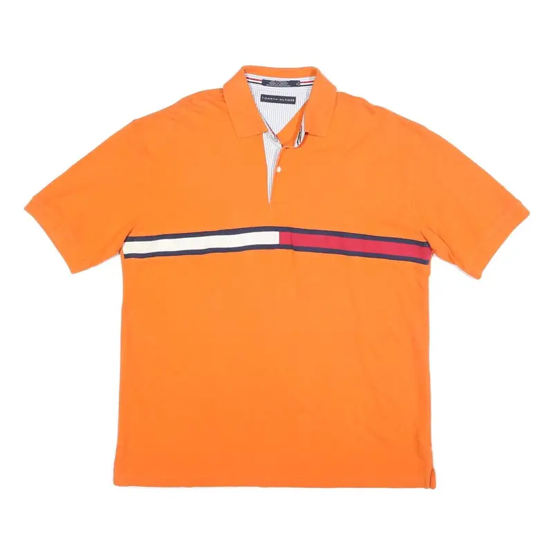 Tommy Hilfiger Mens Orange Red & White Stripe Short Sleeve Polo Shirt Xl Cotton 1