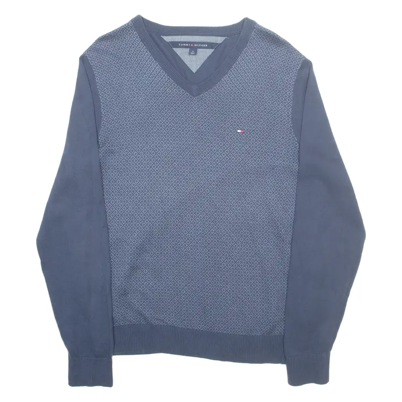 Tommy Hilfiger Mens Patterned Jumper Blue Diamond V-Neck Tight Knit M 1