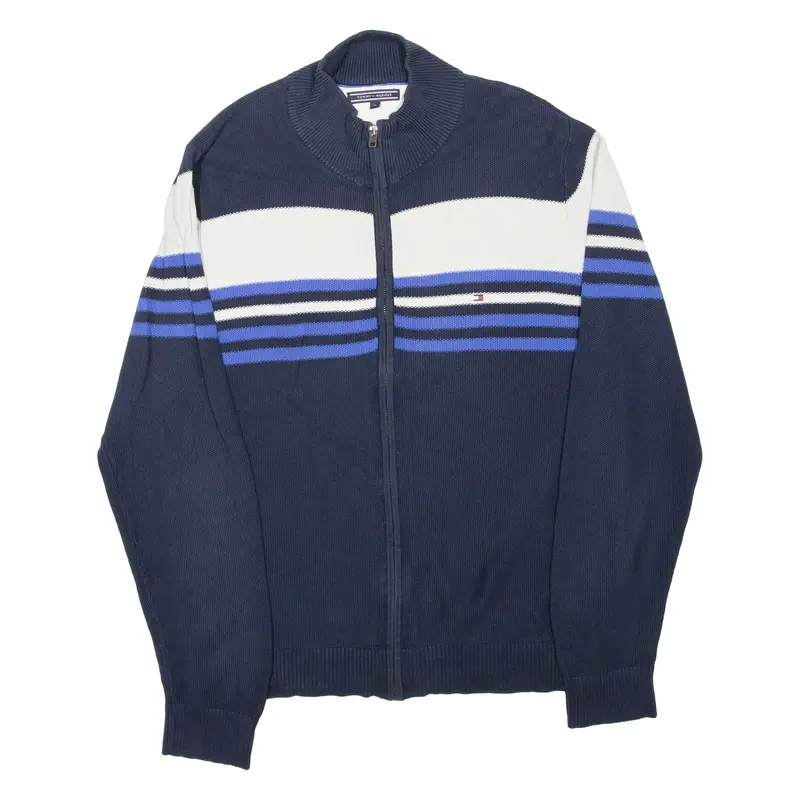 Tommy Hilfiger Mens Patterned Jumper Blue Striped High Neck Tight Knit Xl 1