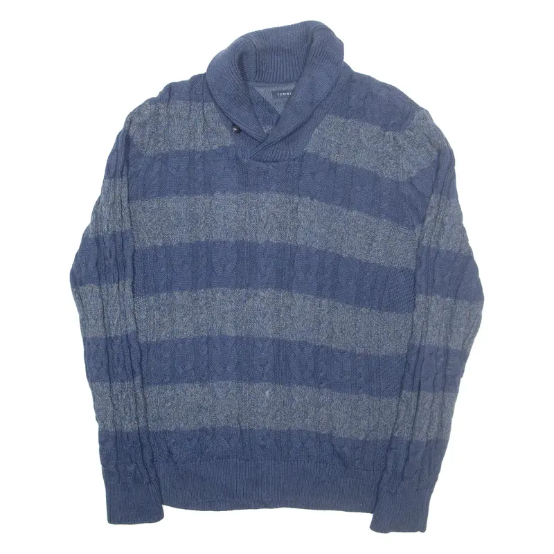 Tommy Hilfiger Mens Patterned Jumper Blue Striped Roll Neck Cable Knit M 1