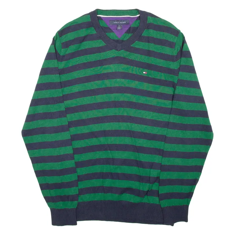 Tommy Hilfiger Mens Patterned Jumper Green Striped Tight Knit M 1