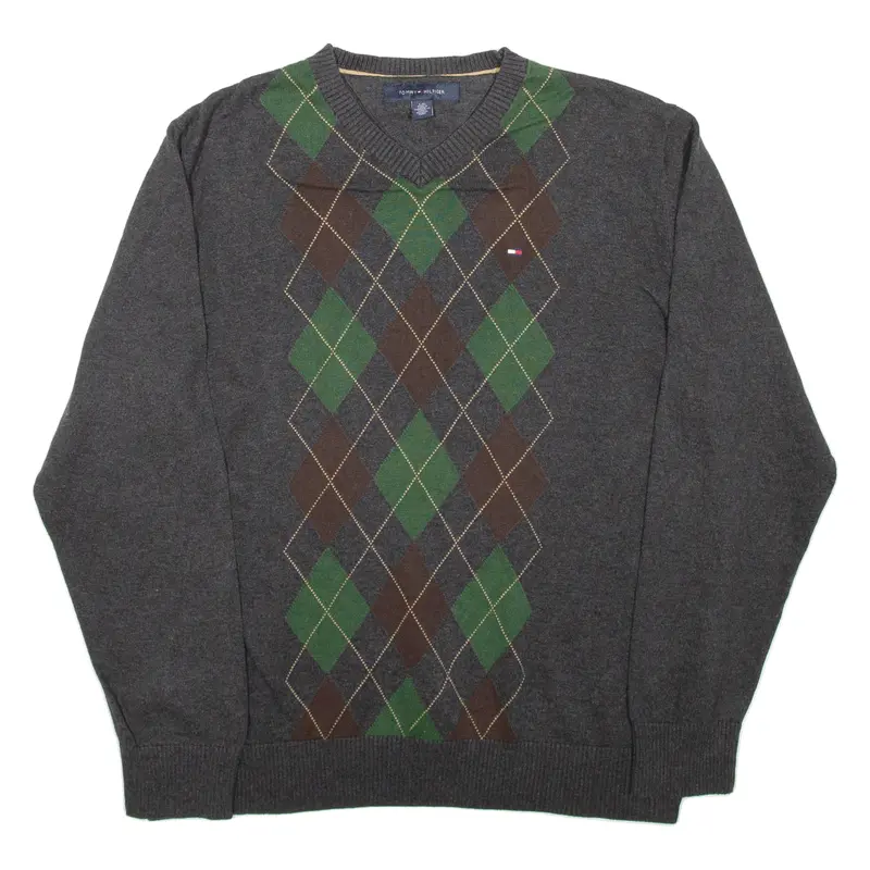 Tommy Hilfiger Mens Patterned Jumper Grey Argyle V-Neck Tight Knit L 1