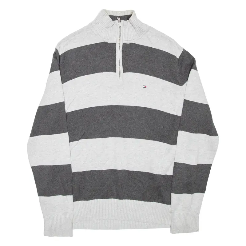 Tommy Hilfiger Mens Patterned Jumper Grey Striped 1/4 Zip Tight Knit M 1