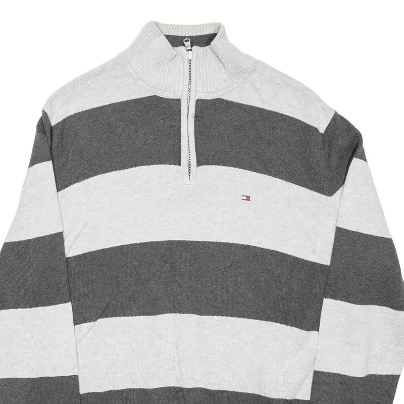 Tommy Hilfiger Mens Patterned Jumper Grey Striped 1/4 Zip Tight Knit M 2