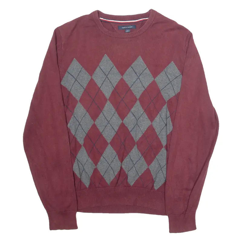 Tommy Hilfiger Mens Patterned Jumper Maroon Argyle Tight Knit L 1