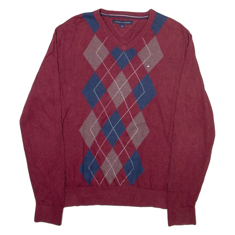 Tommy Hilfiger Mens Patterned Jumper Maroon Argyle V-Neck Tight Knit M 1