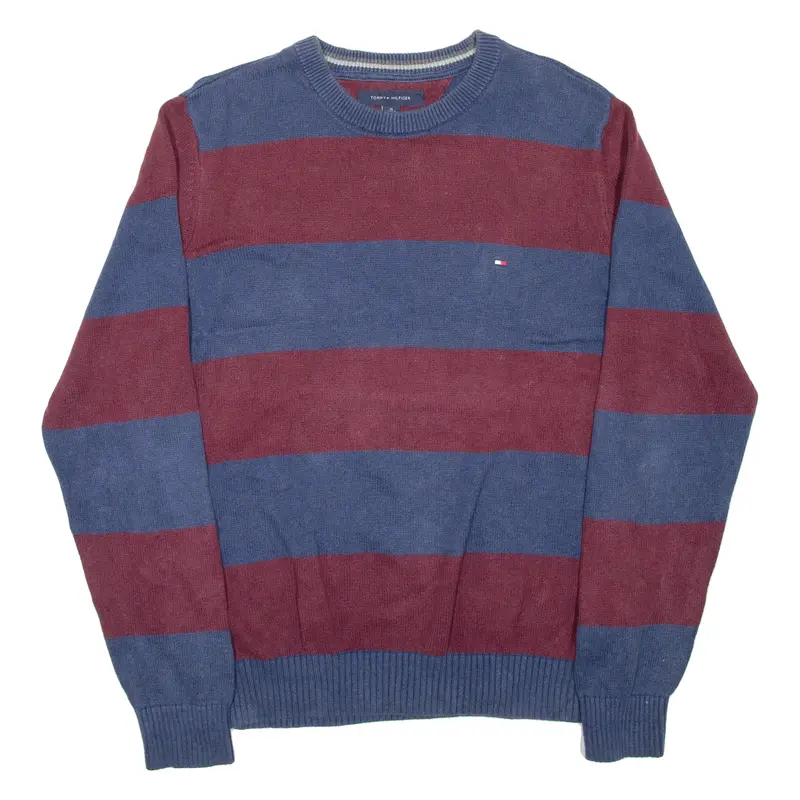 Tommy Hilfiger Mens Patterned Jumper Maroon Striped Tight Knit M 1
