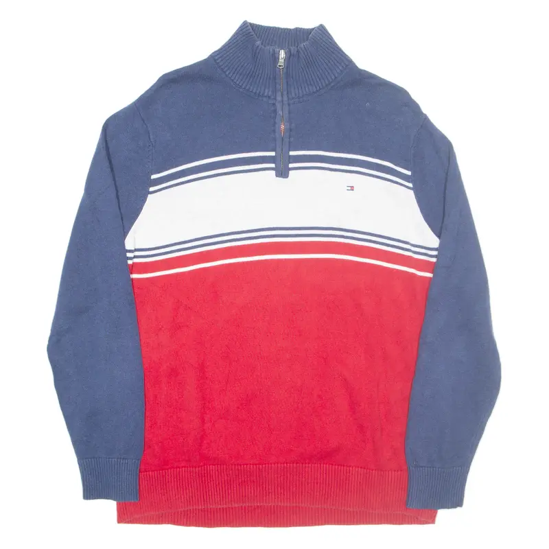 Tommy Hilfiger Mens Patterned Jumper Red Striped 1/4 Zip Tight Knit L 1