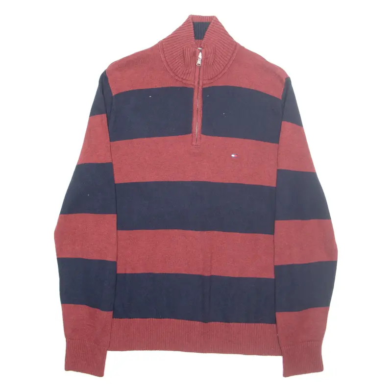 Tommy Hilfiger Mens Patterned Jumper Red Striped 1/4 Zip Tight Knit S 1