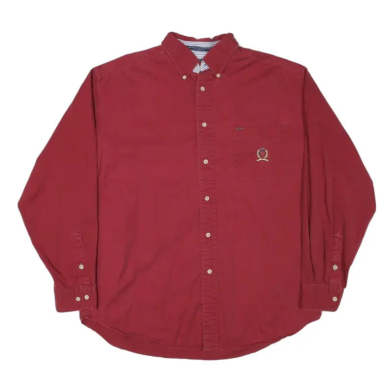 Tommy Hilfiger Mens Red Button Down Shirt M Embroidered Logo Classic Fit 1