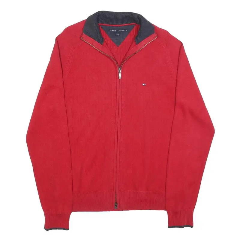 Tommy Hilfiger Mens Red Jumper Zip Up Plain Crew Neck Basic Knit S Cotton 1
