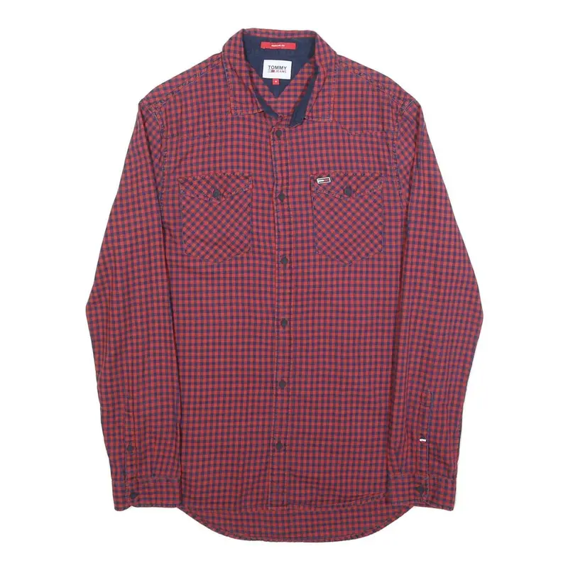 Tommy Hilfiger Mens Red & Navy Checked Shirt M Cotton Blend Classic Fit Button 1