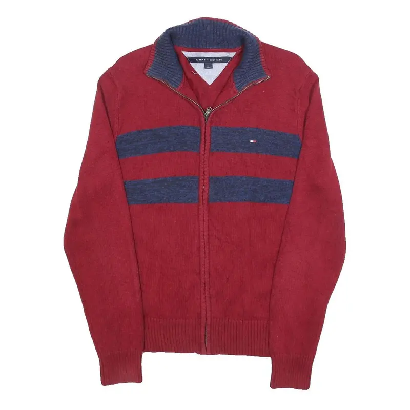 Tommy Hilfiger Mens Red & Navy Striped Patterned Cotton Blend Jumper Full Zip 1