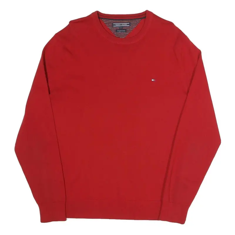 Tommy Hilfiger Mens Red Plain Cotton Blend Crew Neck Regular Fit Jumper L 1