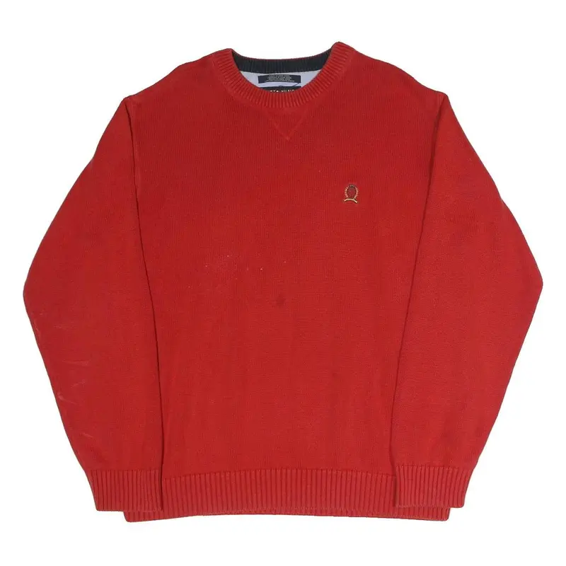Tommy Hilfiger Mens Red Plain Cotton Blend Jumper Crew Neck Basic Knit L 1