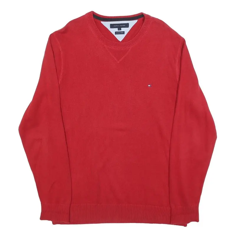 Tommy Hilfiger Mens Red Plain Cotton Blend Jumper Crew Neck Basic Knit L Classic 1