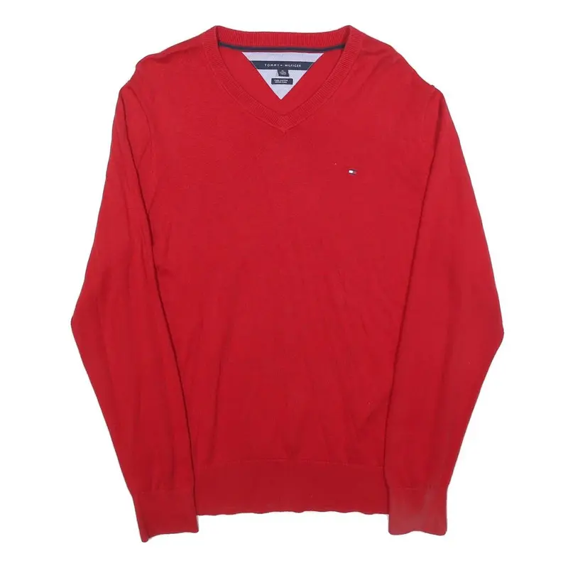 Tommy Hilfiger Mens Red Plain V Neck Basic Knit Jumper Xl Cotton Casual 1