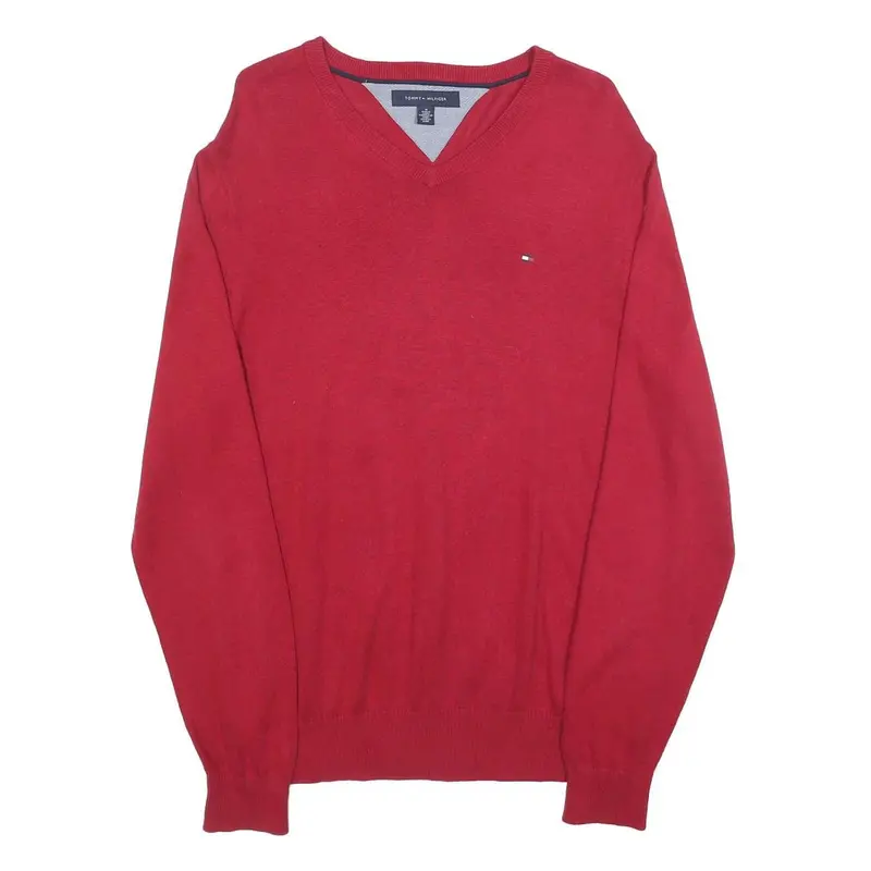 Tommy Hilfiger Mens Red Plain V-Neck Basic Knit M Cotton Blend Jumper 1