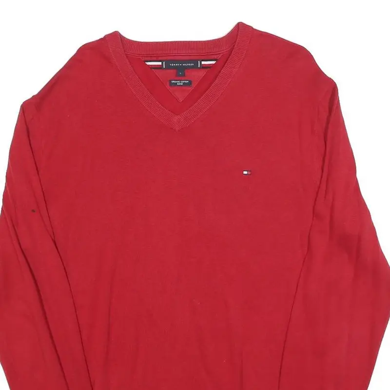 Tommy Hilfiger Mens Red Pullover Plain V-Neck Basic Knit Jumper L Cotton Blend 2