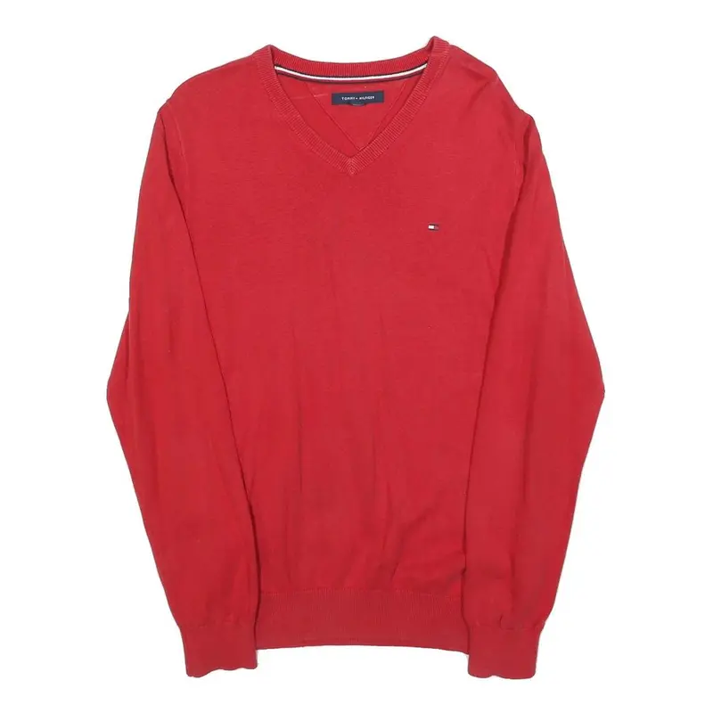 Tommy Hilfiger Mens Red Pullover Plain V-Neck Basic Knit M Cotton Blend Jumper 1