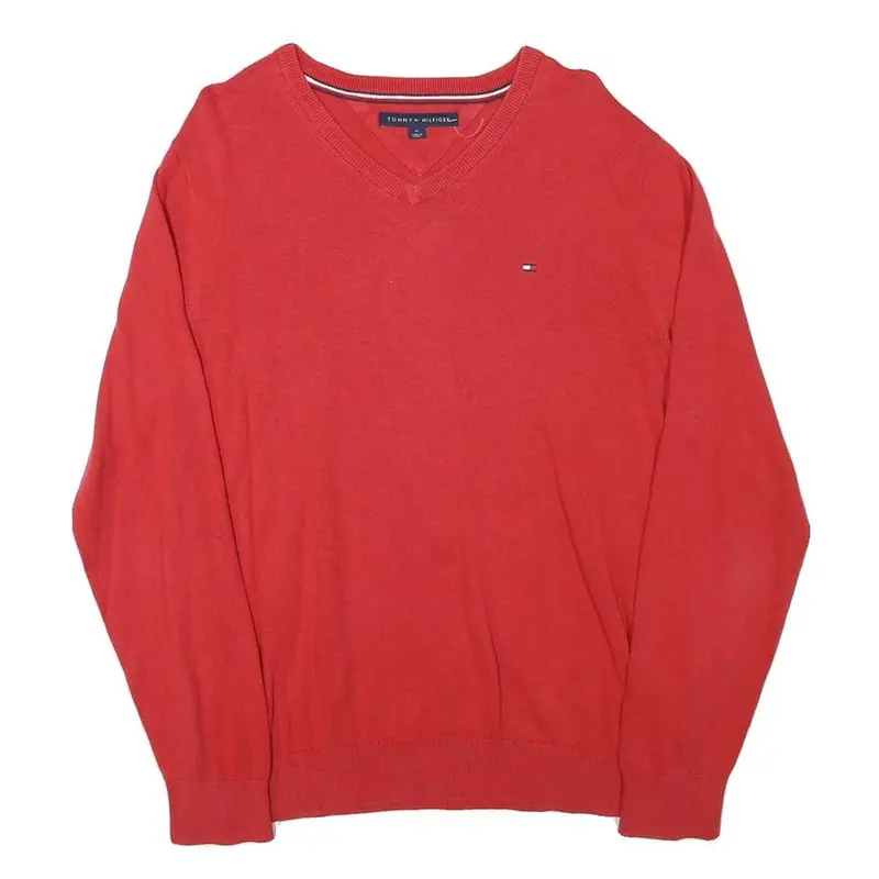 Tommy Hilfiger Mens Red V-Neck Plain Jumper Cotton Blend M Classic Fit 1