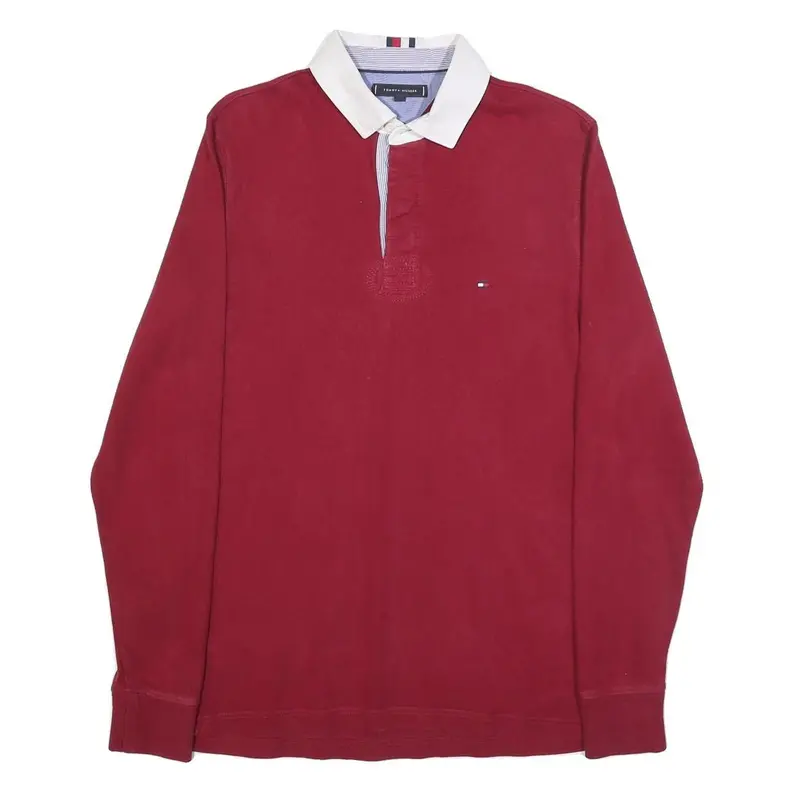 Tommy Hilfiger Mens Red White Long Sleeve Plain M Cotton Blend Polo Shirt 1
