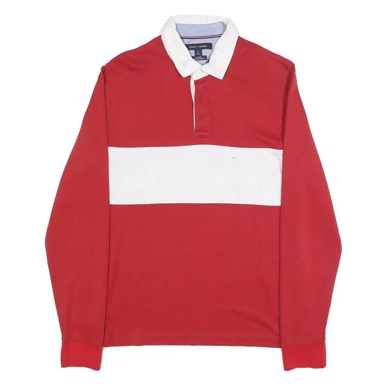 Tommy Hilfiger Mens Red & White Long Sleeve Plain Polo Shirt M Casual Cotton 1