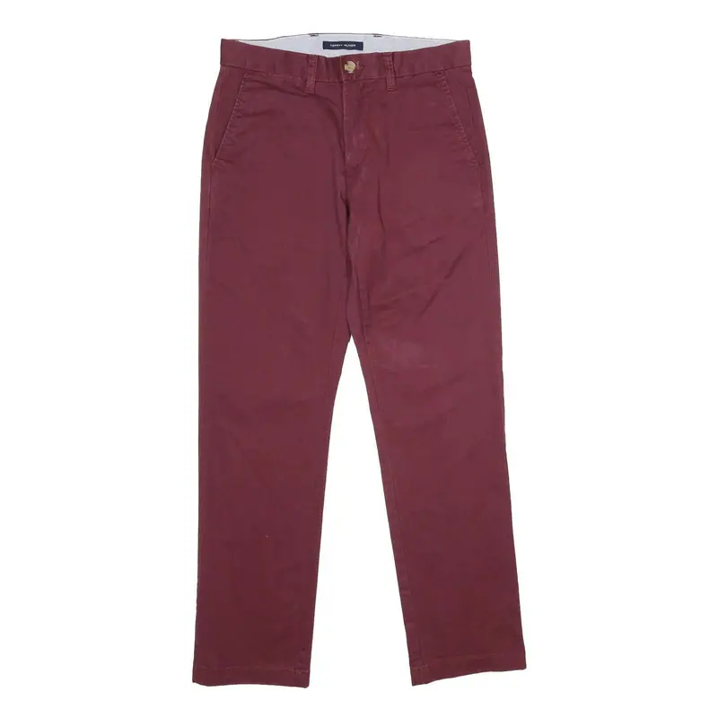 Tommy Hilfiger Mens Regular Burgundy Cotton Blend Trousers W28 L30 Classic Zip 1