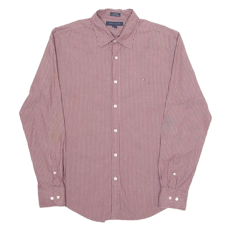 Tommy Hilfiger Mens Shirt Maroon Striped Long Sleeve L 1