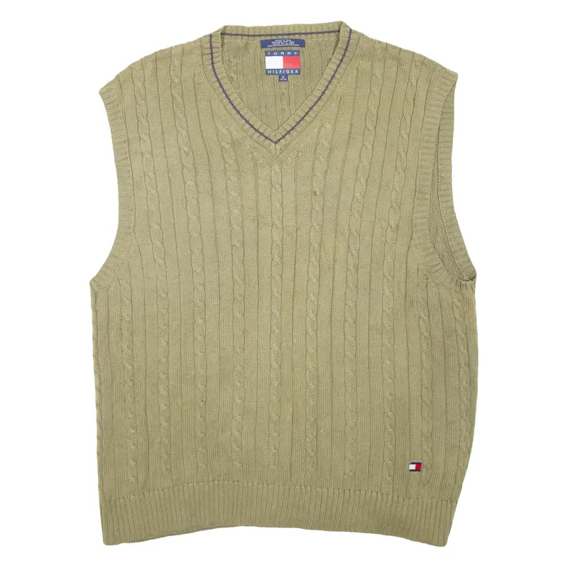 Tommy Hilfiger Mens Vest Green V-Neck Cable Knit Sleeveless Xl 1