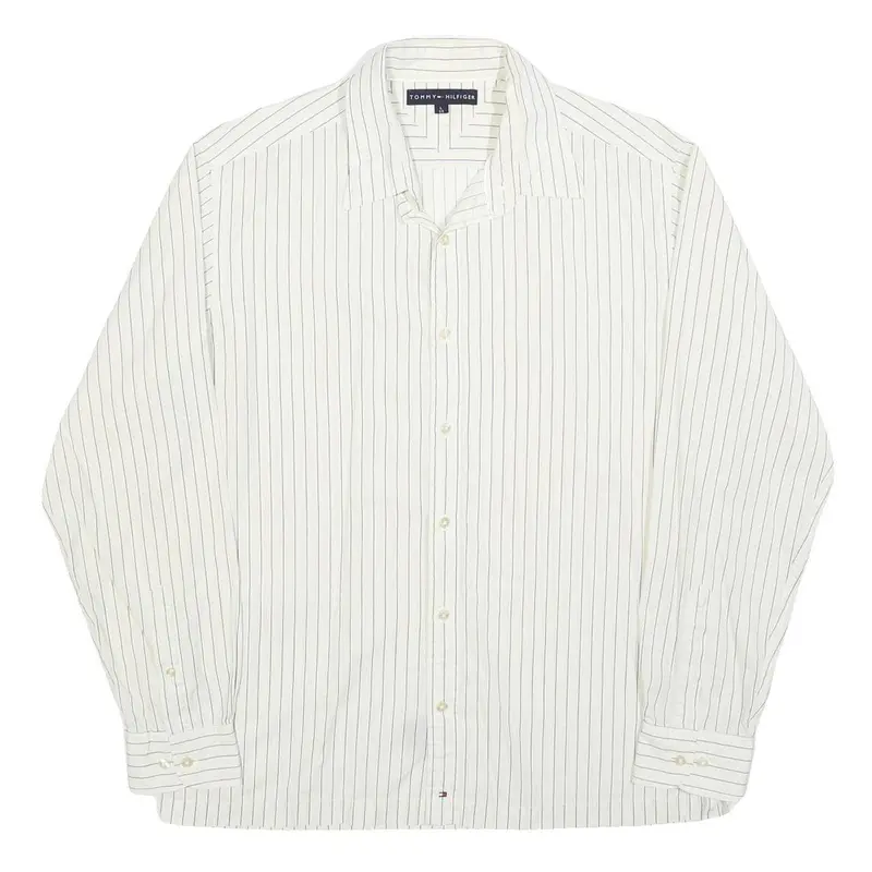 Tommy Hilfiger Mens White & Black Pinstripe Shirt L Classic Long Sleeve Button 1