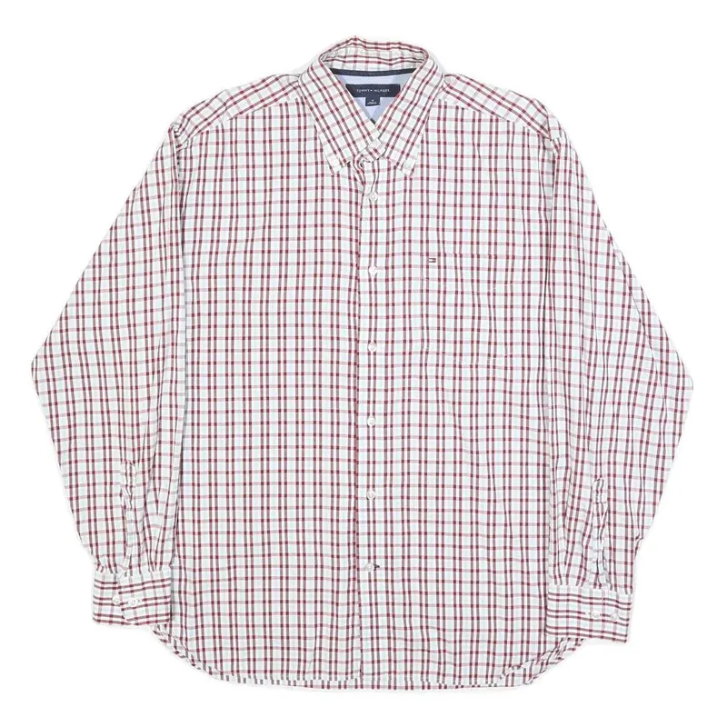 Tommy Hilfiger Mens White & Red Check Shirt M Button Down Collar Cotton Long 1