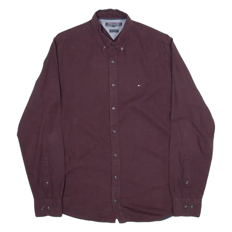Tommy Hilfiger New York Fit Mens Plain Shirt Maroon Long Sleeve M 1