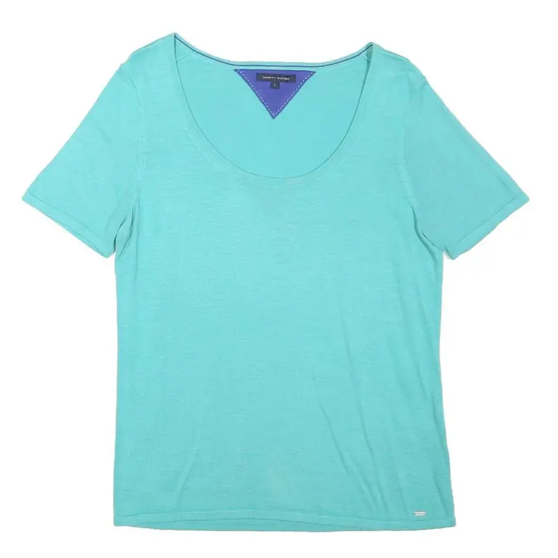 Tommy Hilfiger Womens Aqua Plain Cotton Blend Jumper L Short Sleeve Round Neck 1