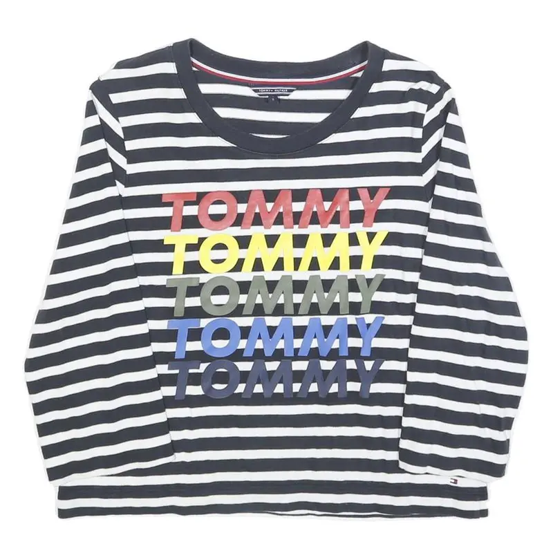 Tommy Hilfiger Womens Black & White Striped Crew Neck S Sweatshirt Logo Print 1