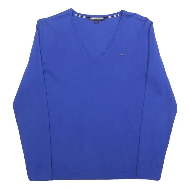 Tommy Hilfiger Womens Blue Plain V-Neck Basic Knit M Cotton Blend Jumper Casual 1