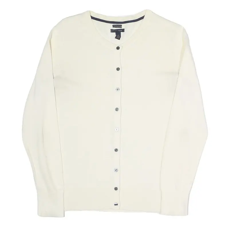 Tommy Hilfiger Womens Cream Button Up Plain Crew Neck Basic Knit L Cotton Blend 1