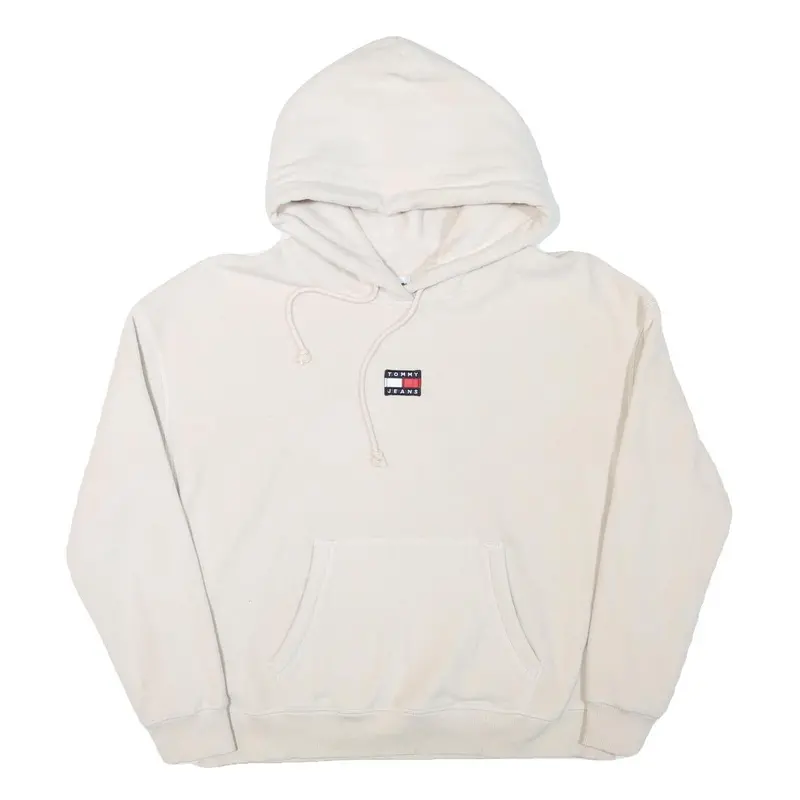 Tommy Hilfiger Womens Cream Hoodie L Tommy Jeans Logo Pullover Drawstring 1