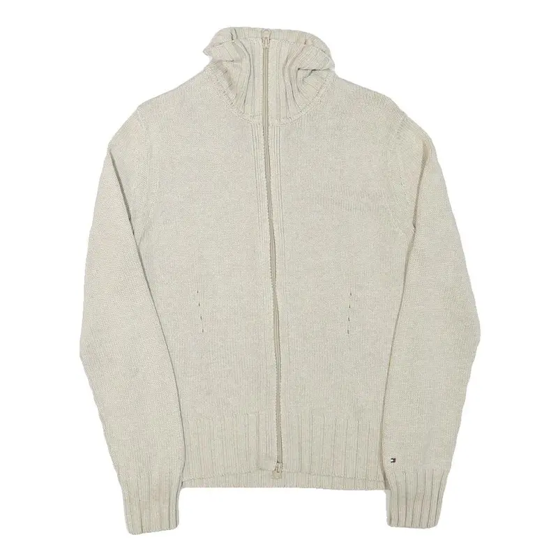Tommy Hilfiger Womens Cream Plain Cotton Blend Pullover Jumper L Zippered Rib 1