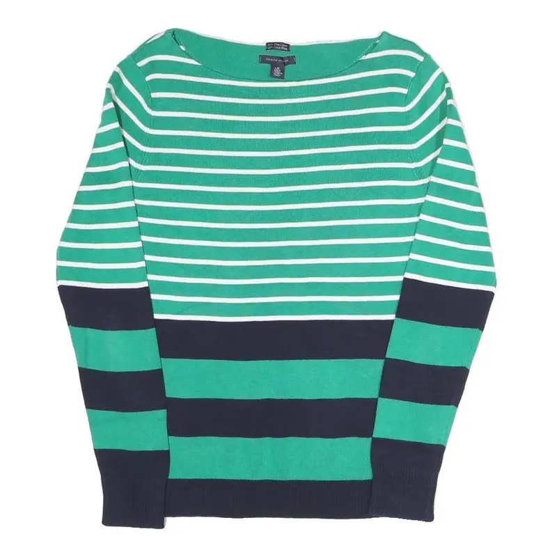 Tommy Hilfiger Womens Green & White Striped Plain Boat Neck Basic Knit Jumper L 1