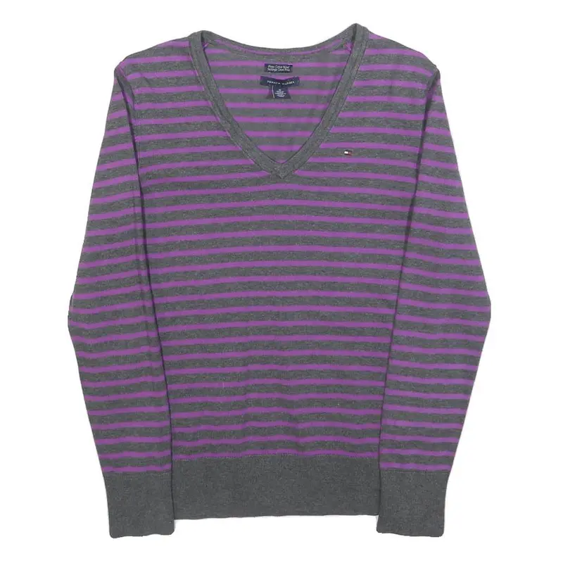 Tommy Hilfiger Womens Grey & Purple Striped Patterned V-Neck Basic Knit Jumper M 1
