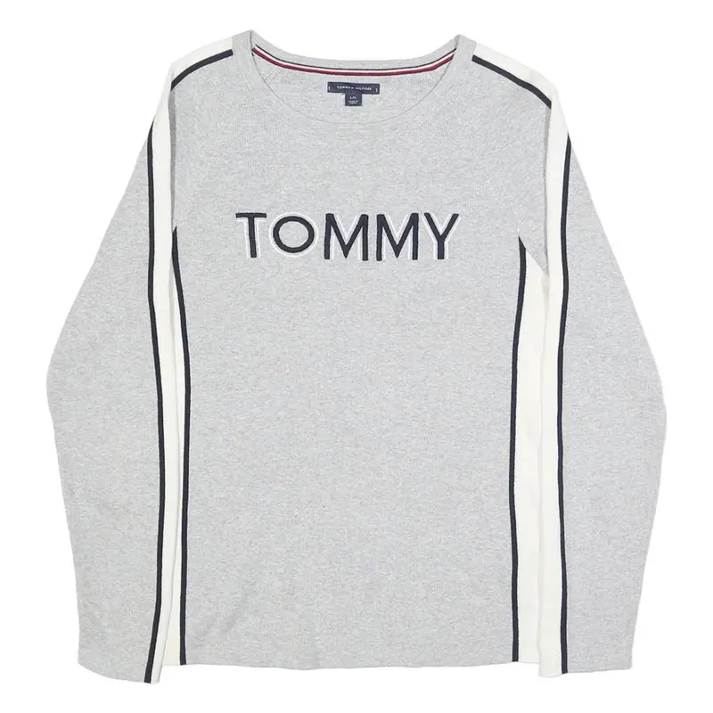 Tommy Hilfiger Womens Grey & White Plain Jumper Crew Neck Basic Knit L Cotton 1