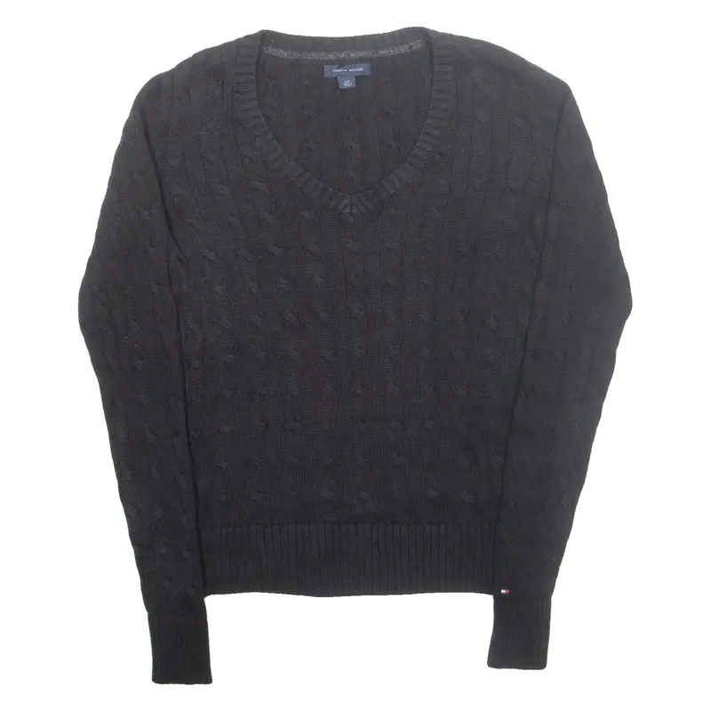 Tommy Hilfiger Womens Jumper Black V-Neck Cable Knit S 1