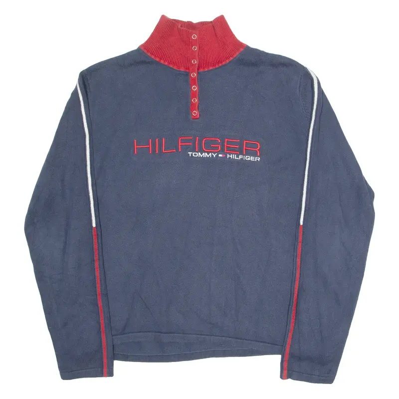 Tommy Hilfiger Womens Jumper Blue Button Neck Tight Knit Xl 1