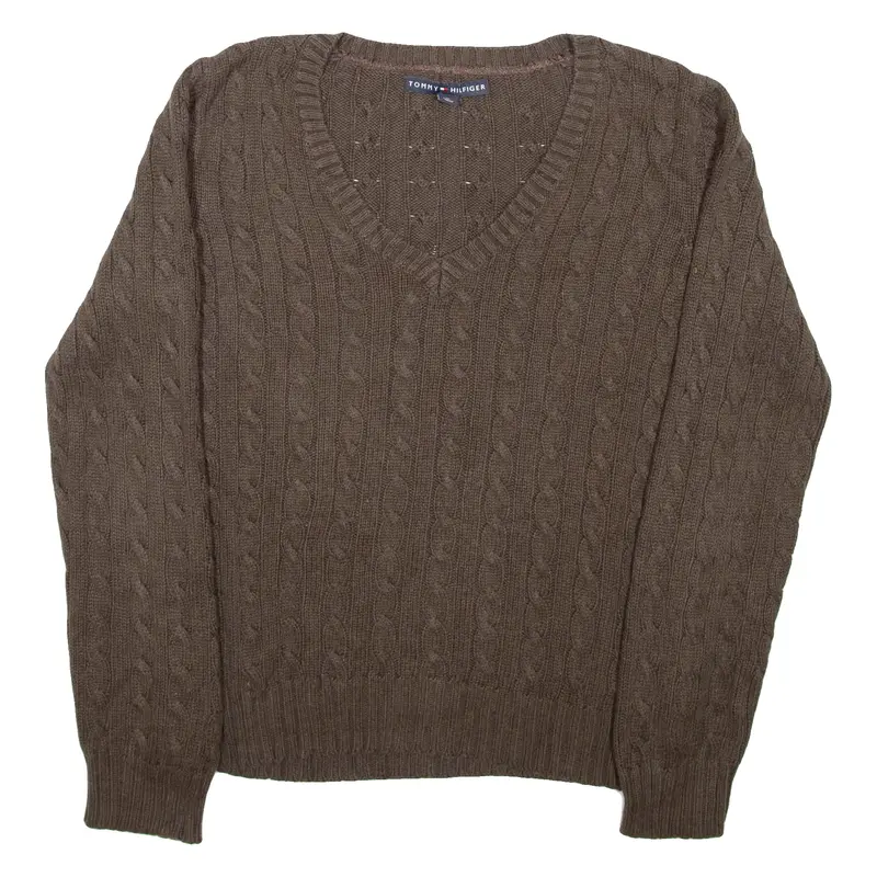 Tommy Hilfiger Womens Jumper Brown V-Neck Cable Knit M 1