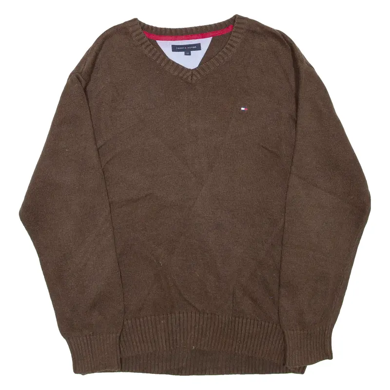 Tommy Hilfiger Womens Jumper Brown V-Neck Tight Knit M 1
